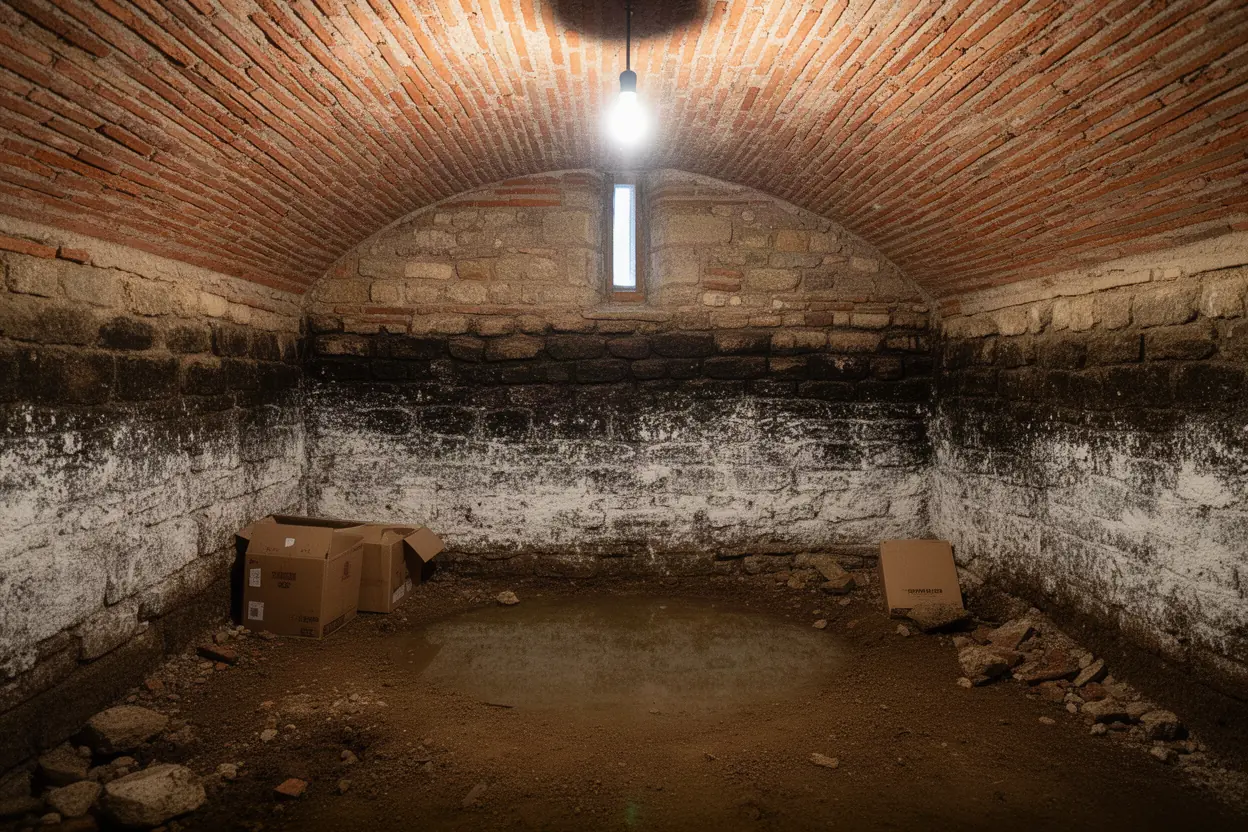 Mur de cave humide avec salpêtre à Toulouse