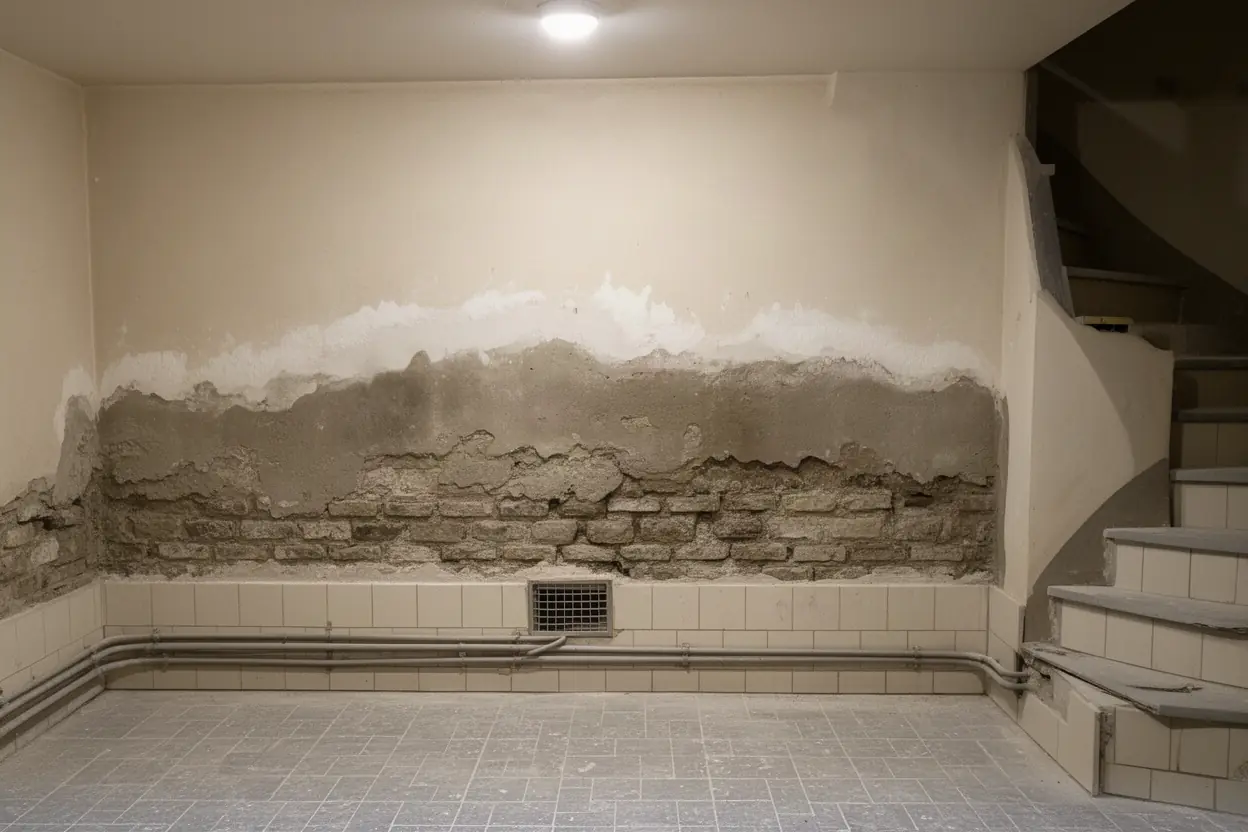 Mur de soubassement humide avant traitement à Blagnac